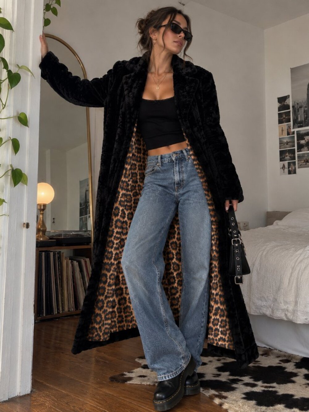 VTG 90s Express Black Faux Fur Leopard Lined Long Coat Jacket Winter Glam 5/6